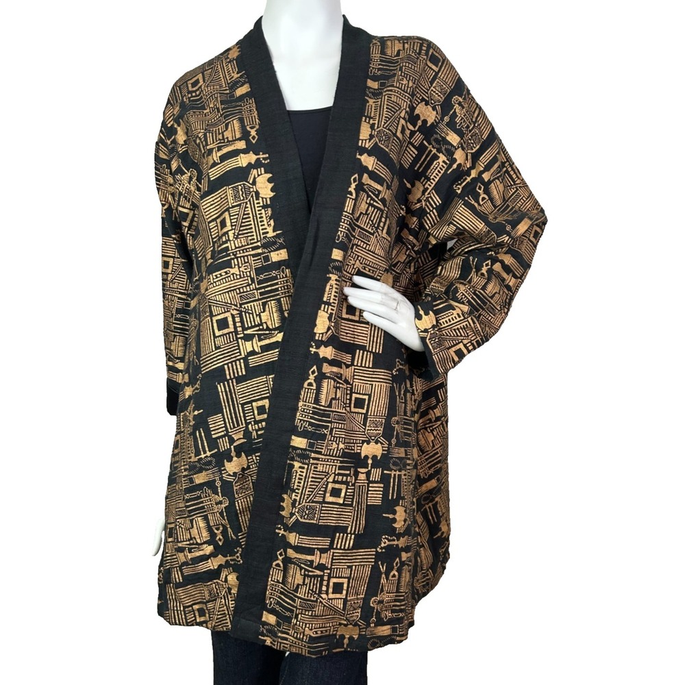 Ashro Black Gold Metallic Swing Coat Kimono Silk Cotton Open Front Lined VGUC